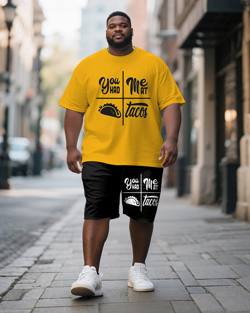 Men's Plus Size Yellow You Had Meat Tacos Alphabet Print Short Sleeve T-Shirt Shorts Suit