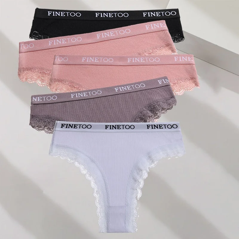 FINETOO 5PCS/Set M-XXL Cotton Panties Women's Letter Thong  Girls Brazilian Panty Sexy Lace Underwear For Woman Lingerie Bikini