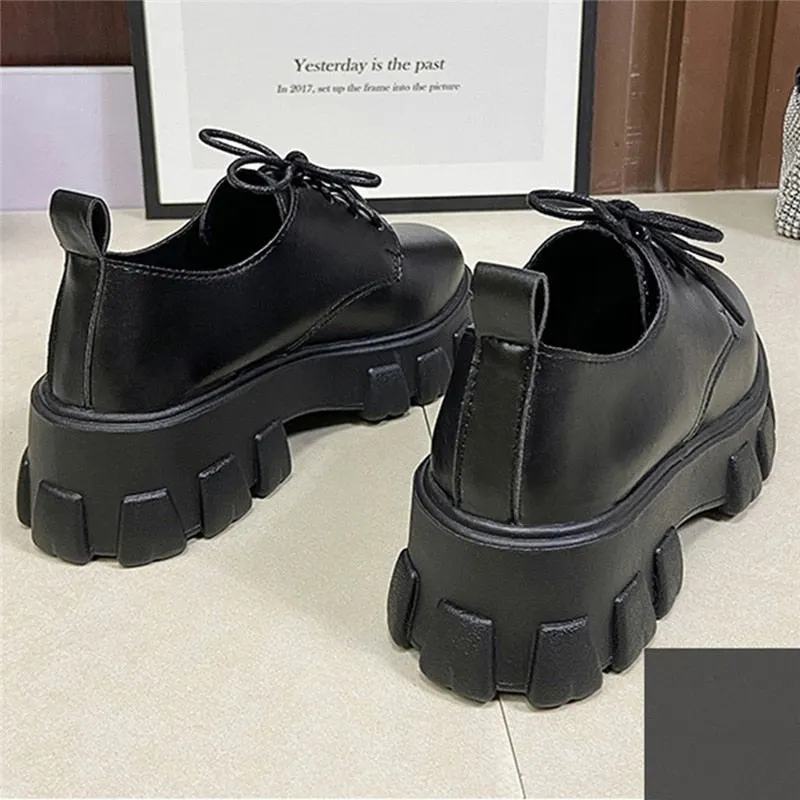 Women Platform Flat Oxford Shoes Black Lace Up Leather Casual Round Toe Spring Autumn Shoes Heighten Waterproof Shoes Plus Siz