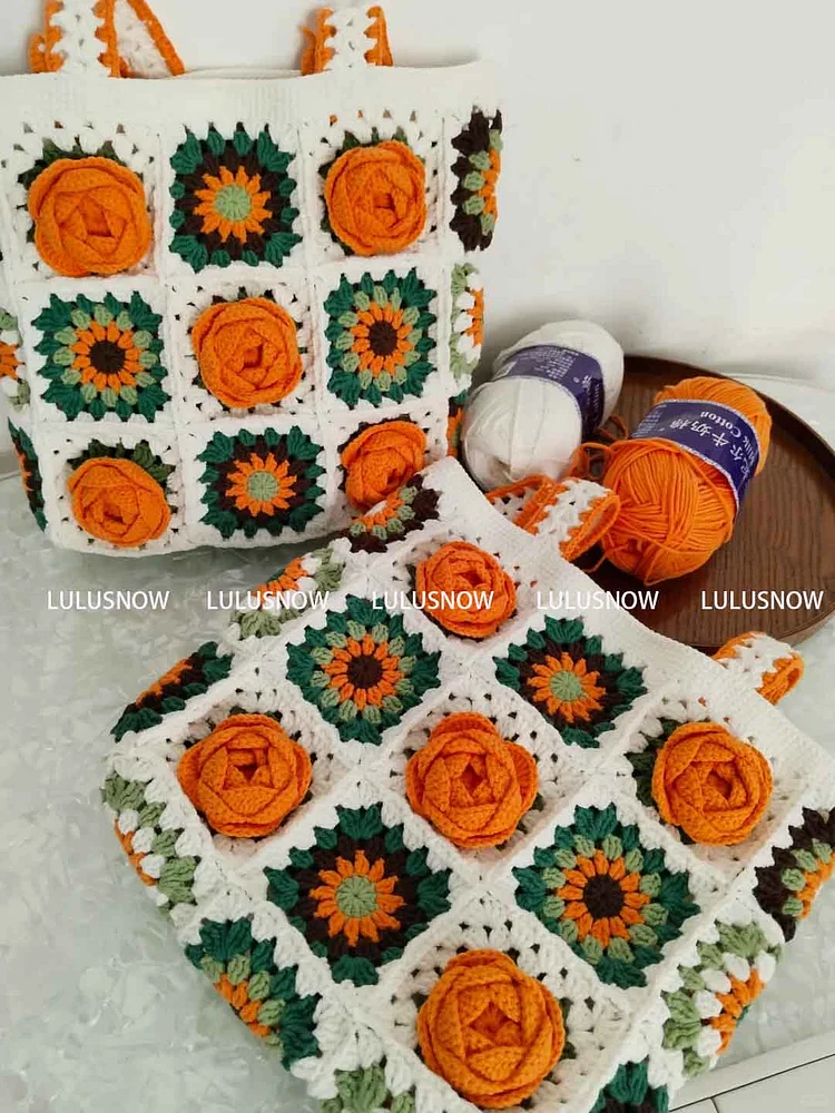 Lulusnow Handmade White Orange 3D Camellia Granny Square Vintage Style Crochet Tote Bag Shoulder Bag 