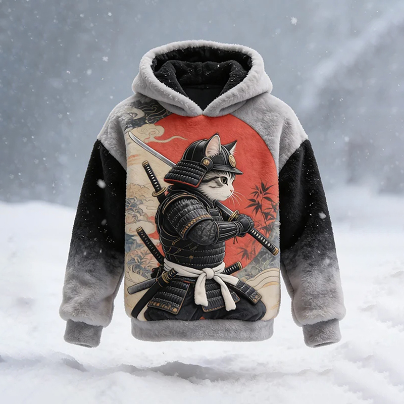 Men's Retro Samurai Cat Gradient Art Print Casual Flannel Hoodie  artssus