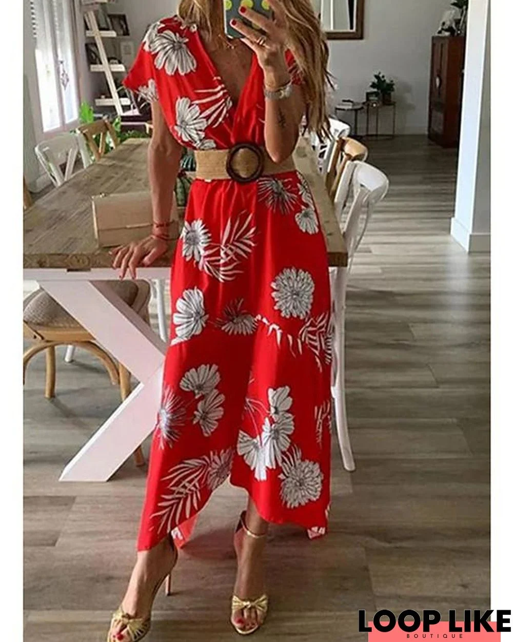 Women's A-Line Dress Maxi Long Dress - Short Sleeve Print Floral Spring Summer V Neck Hot Beach Belt Not Included Red Yellow