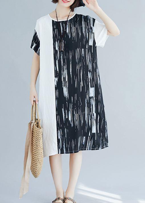 VCSHOES patchwork cotton linen clothes Women pattern black Dresses summer