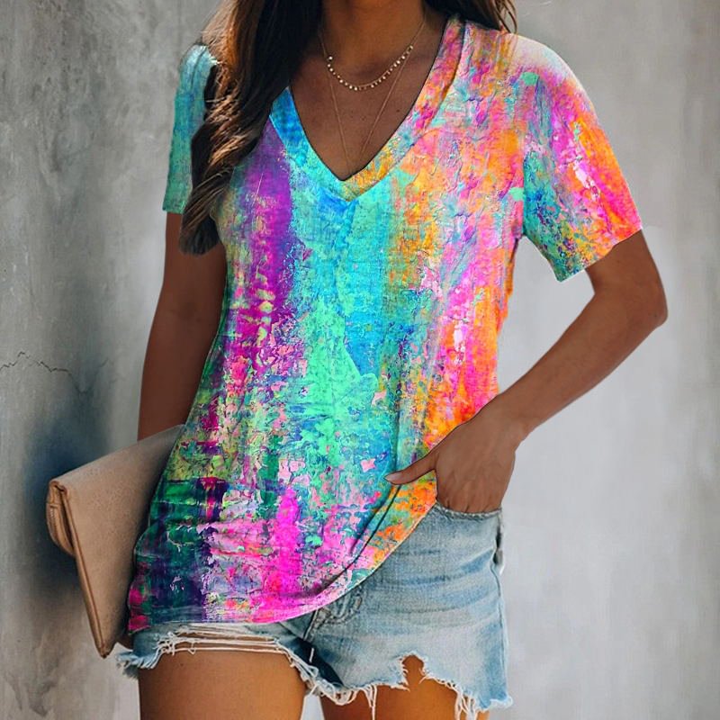V-neck Tie-dye Printed Women's T-shirt