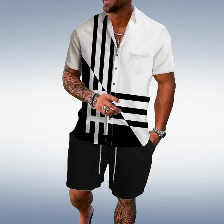 BrosWear Causal Asymmetric Striped Black-White Printed Shirt And Shorts Co-Ord