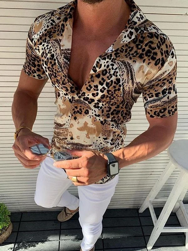 Casual Trend Leopard Print Sexy Men's Suit Collar Short-sleeved Shirt