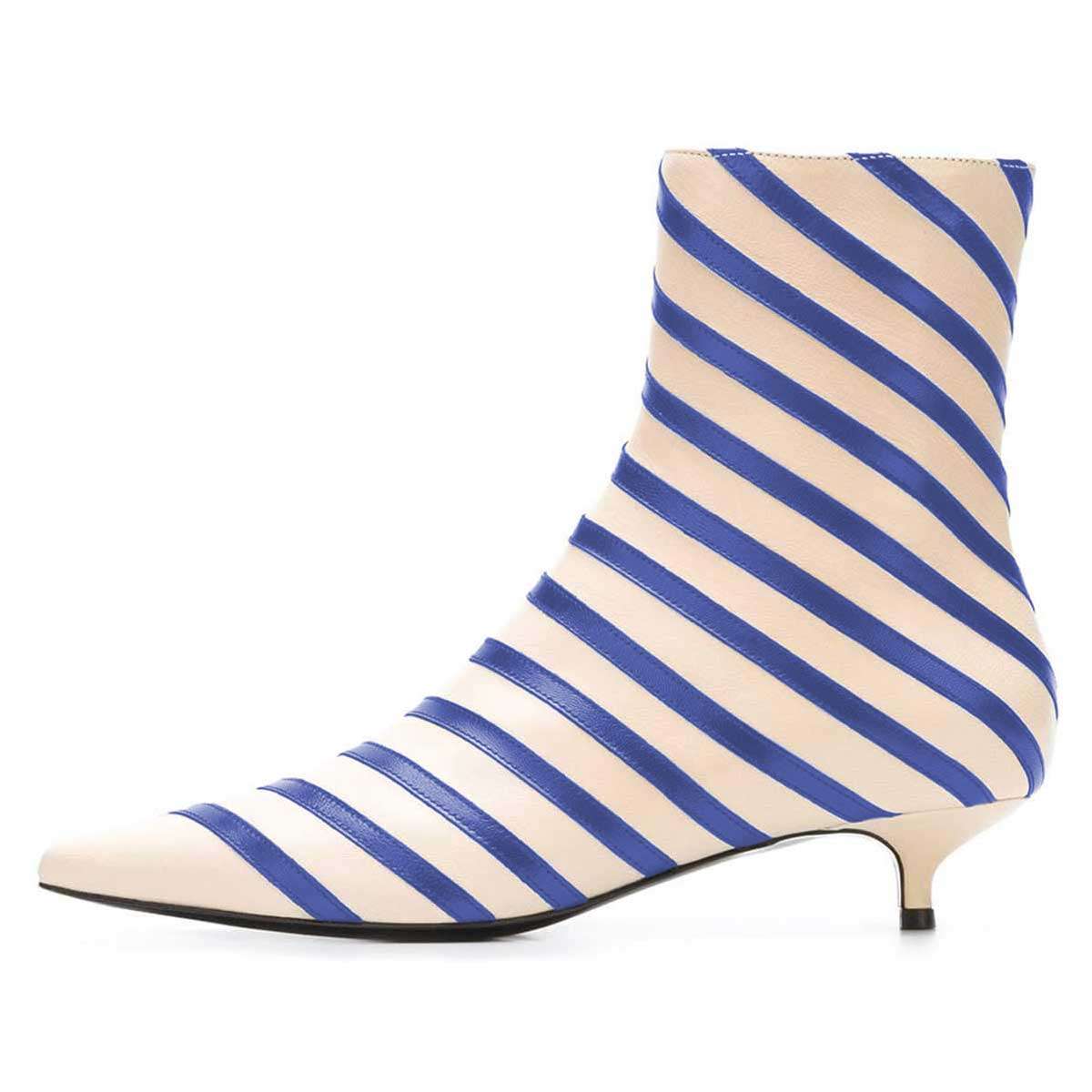 Beige and Blue Pointed Toe Kitten Heel Striped Ankle Boots with Zip Nicepairs