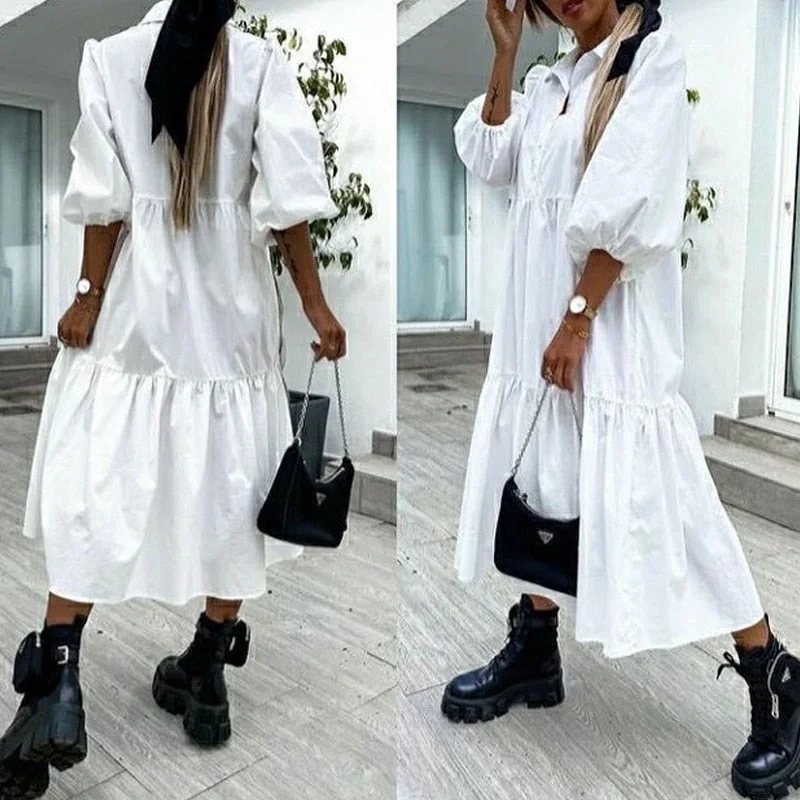 Summer Dress Loose Women Party Dresses Sexy Turn-down Collar Button Office Lady Robes Retro Half Sleeve Long Dress Robe Femme