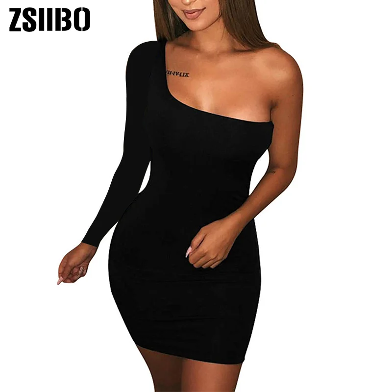 Jangj Autumn long sleeve One Shoulder Straps Slash Neck High Waist Sexy Women Solid Club Mini Dress