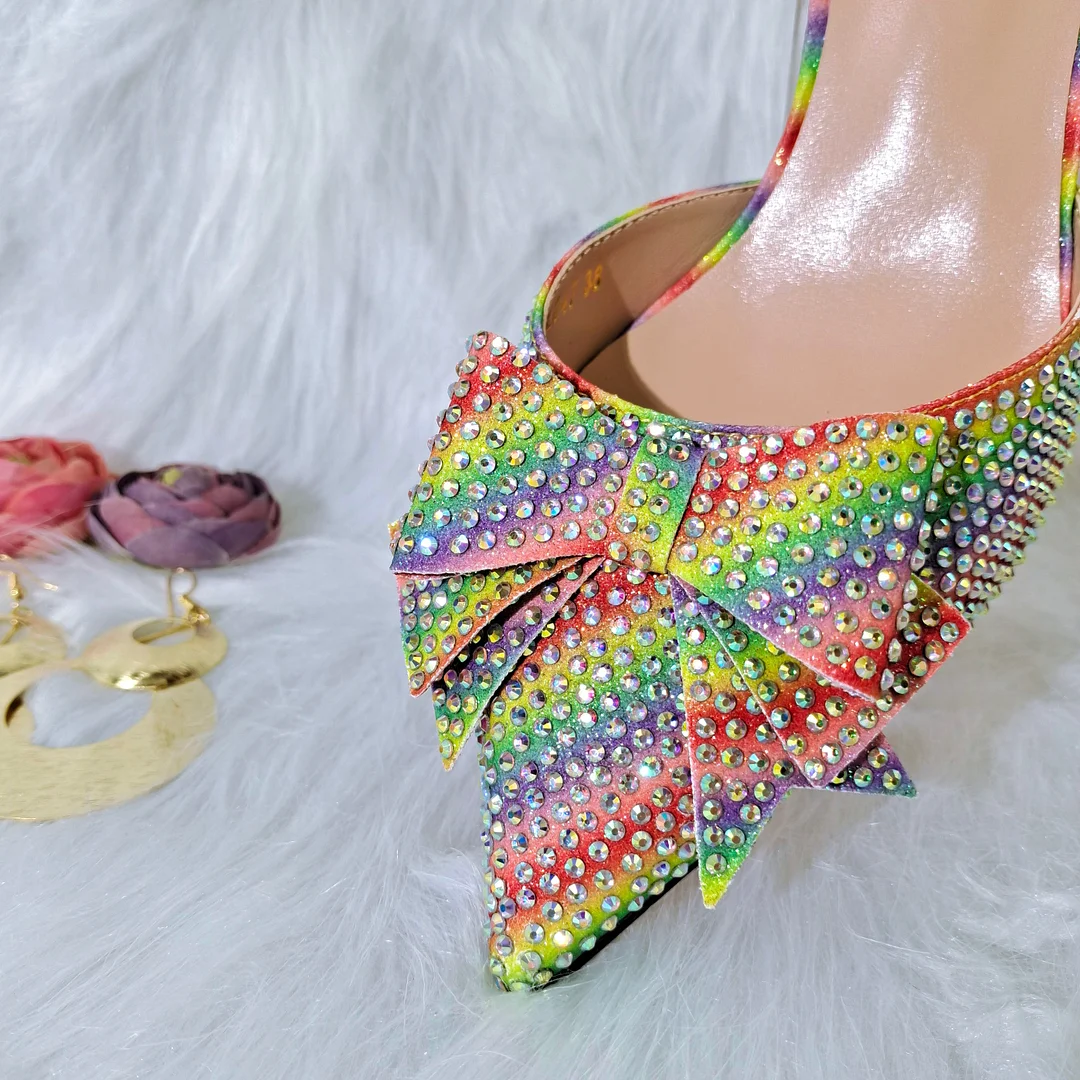 QSGFC 2022 New Fashion Full Of Crystal Decoration Style Rainbow Glass Heel Friends Party Shoes Ladies Shoes And Bag For Party