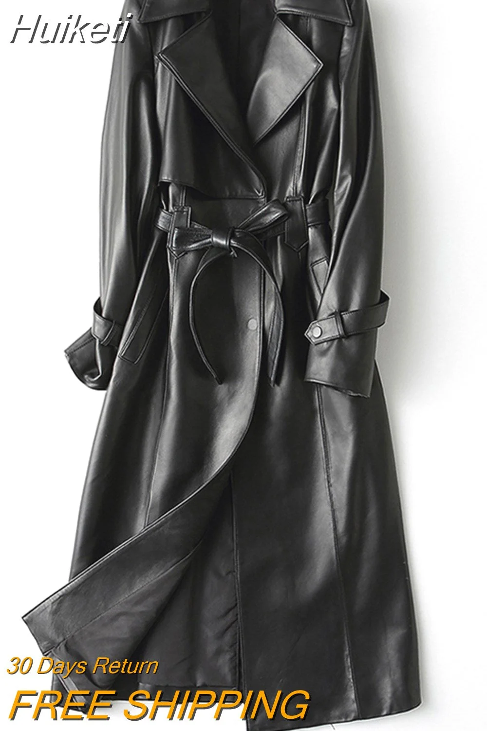 Huiketi Autumn Long Black Pu Leather Trench Coat for Women Long Sleeve Belt Elegant British Style Fashion 2023 4xl 5xl 6xl 7xl