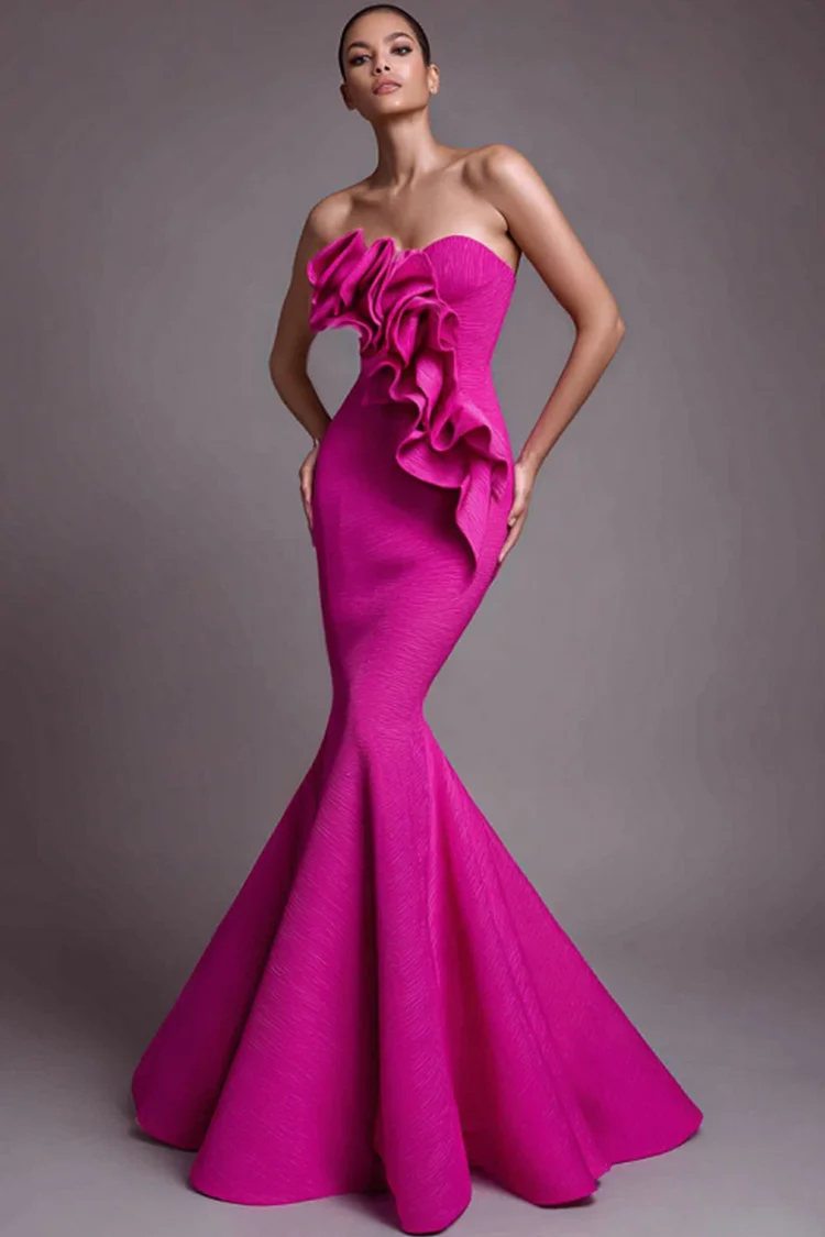 Ruffled Strapless Mermaid Maxi Dress-Fuchsia [Custom-Made]