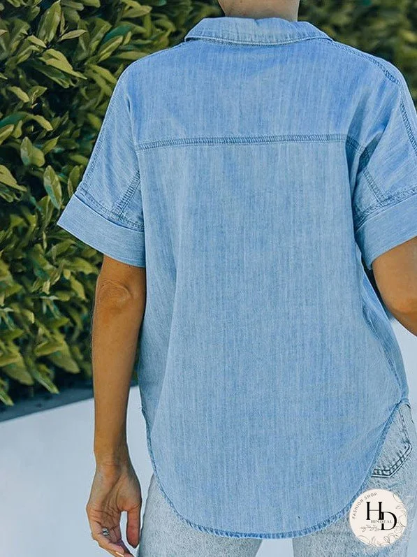 Women's Striped V-Neck Denim Shirt