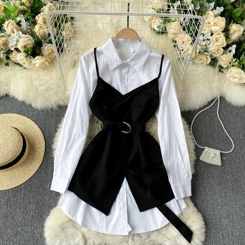 FTLZZ Summer New Arrival Office Ladies Long Sleeve White Shirt Retro Shirt Dress Sling Outside with Belt Slim Two-piece Suit