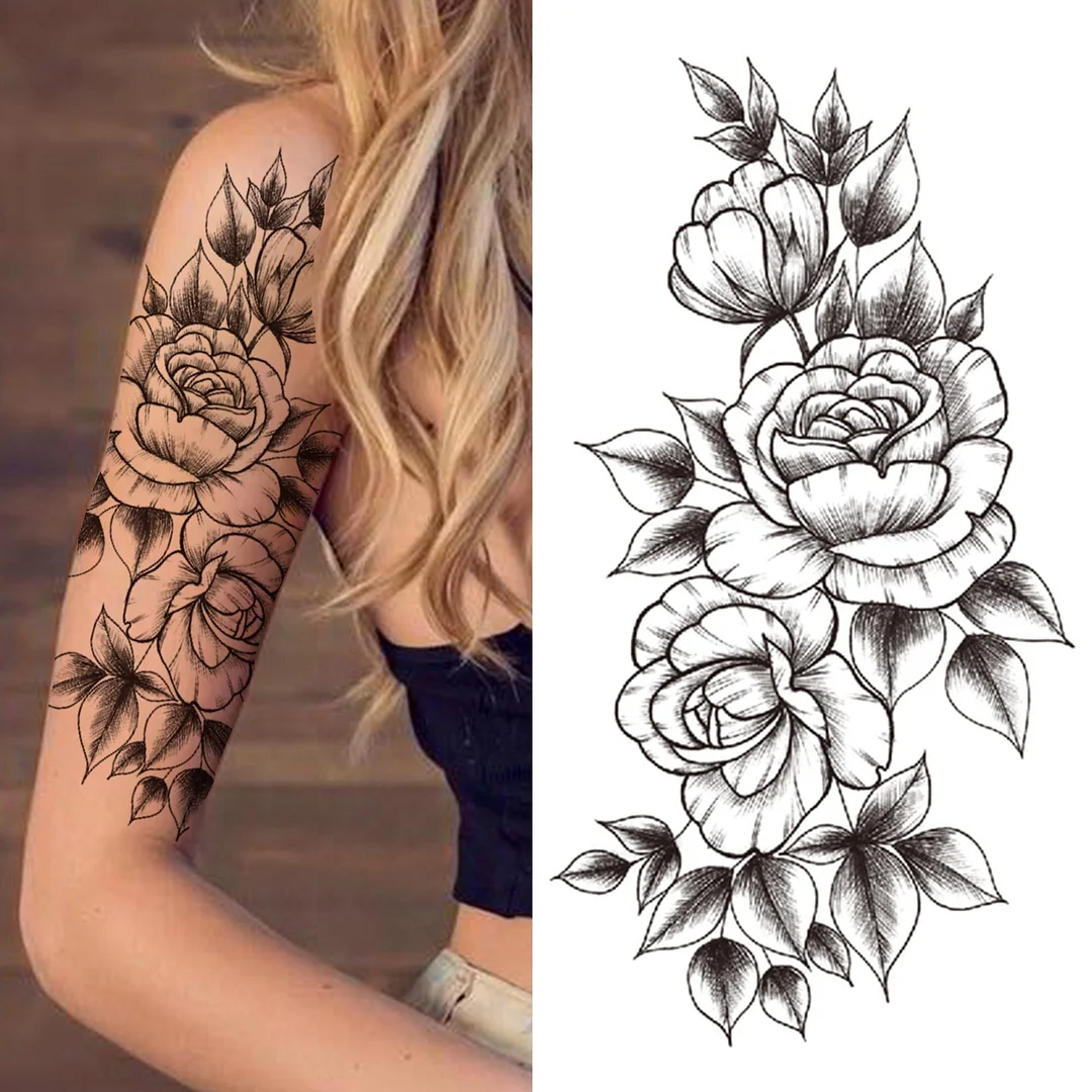 Death Skull Flower Temporary Tattoo For Women Girls Snake Bird Peony Tattoo Sticker Black Fake Blossom Sexy Tatoo Transfer Adult 530