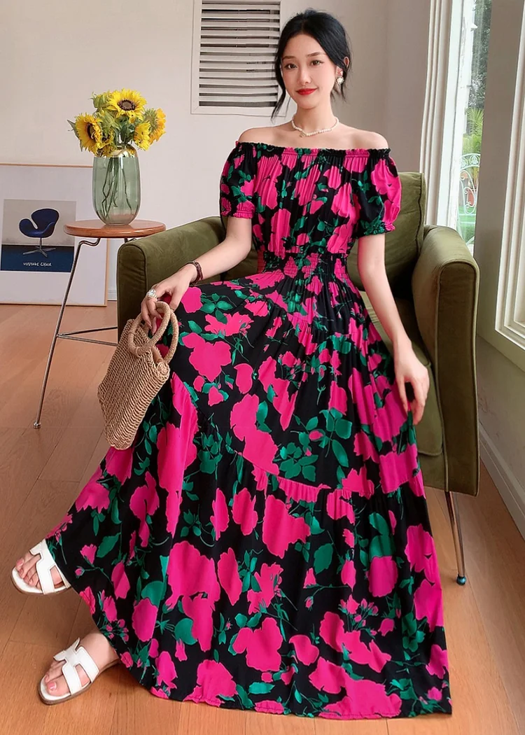 Women's floral dress, travel beach dress, printed short-sleeved one-line collar, Maxi Dress