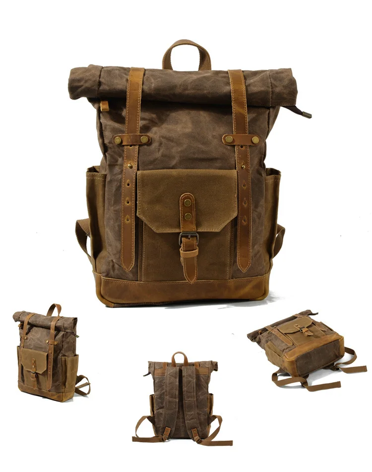 Retro Contrast Color Oil Wax Waterproof Canvas Travel Backpack Computer Bag Large Capacity Outdoor Women's Backpack Men's Bag
