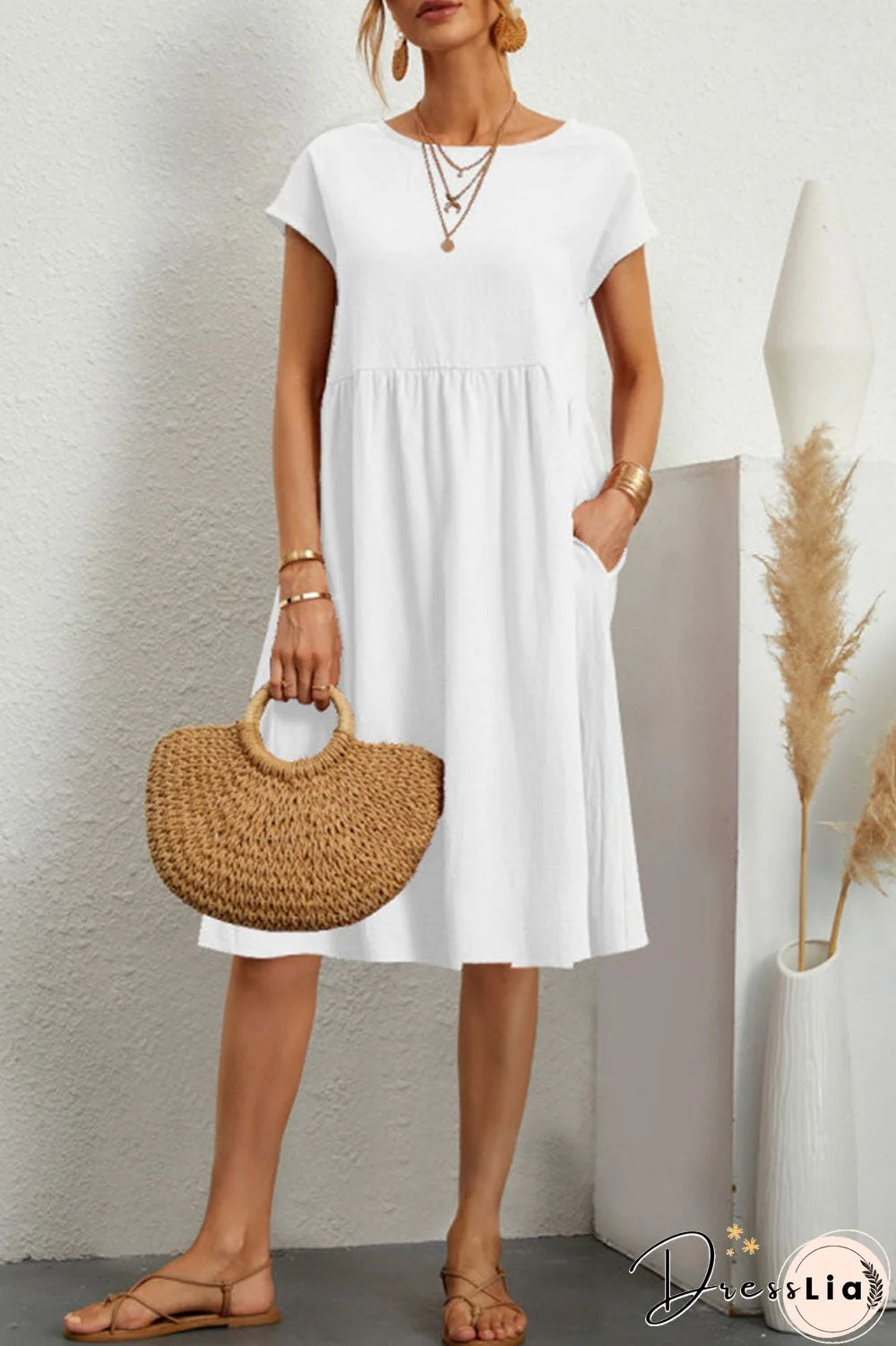 Casual Solid Patchwork O Neck A Line Short Sleeve Dress(11 Colors)