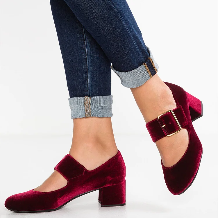 Burgundy Velvet Block Heels Round Toe Buckle Mary Jane Pumps |FSJ Shoes