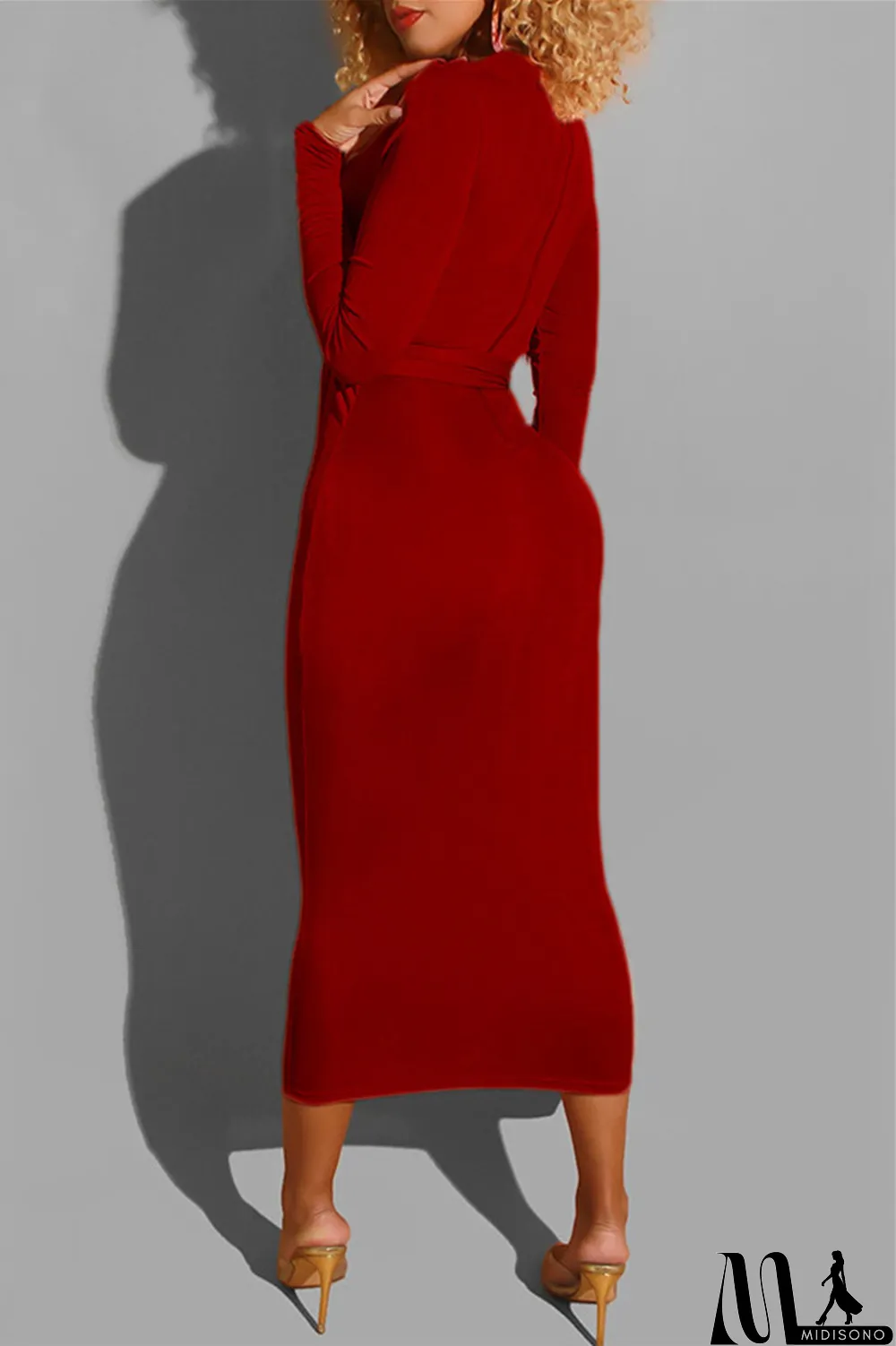 MidiSono - Deep Blue Fashion Casual Bandage O Neck Long Sleeve Dresses