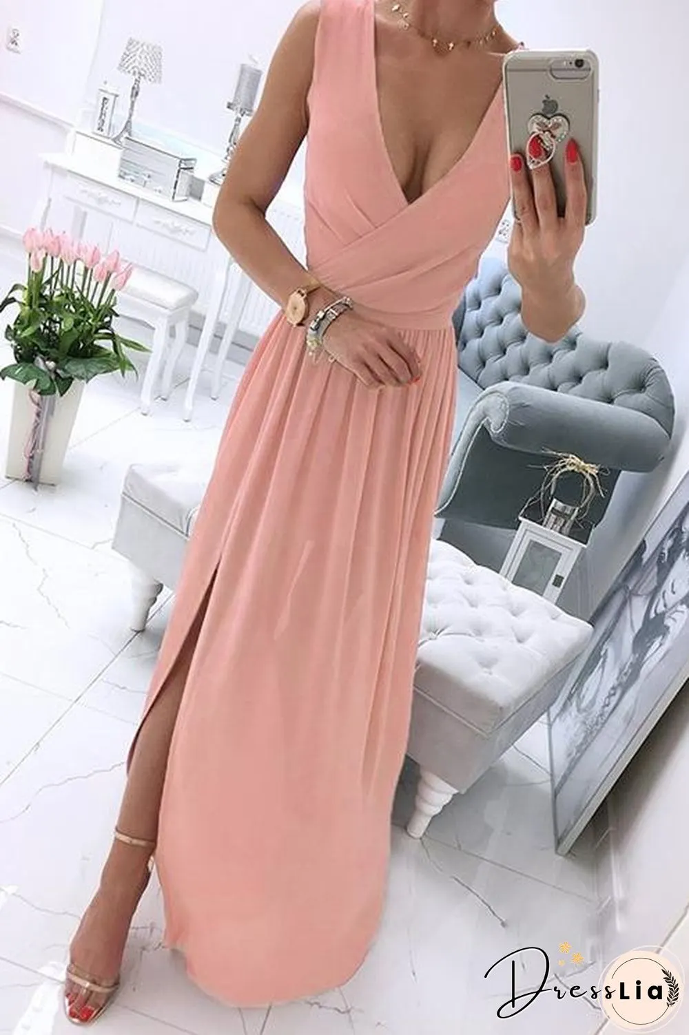 Deep V Neck Slit Maxi Dress