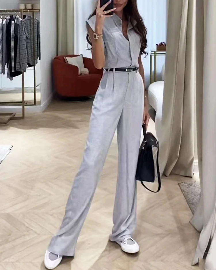 Casual Solid Color Shirt & Pants Two-Piece Set