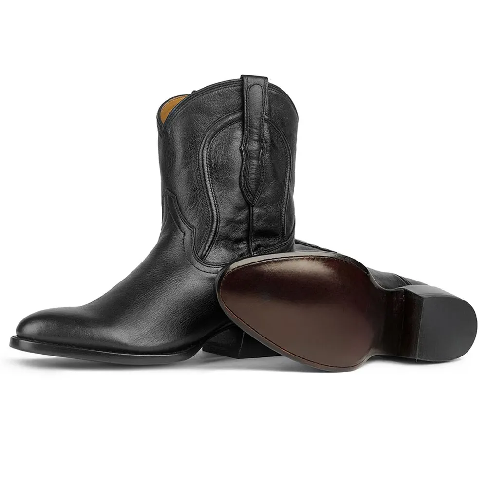 Black Faux Leather Closed Toe Chunky Heel Walking Pull On Cowgirl Boots