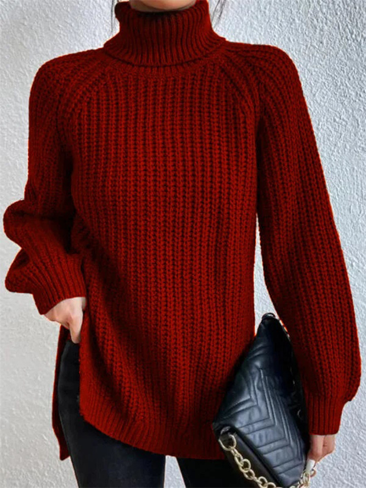 Women's Autumn and Winter Knit Sweater Medium Long Shoulder Sleeve High Lapel Split Sweater High Neck Solid Color Sweater