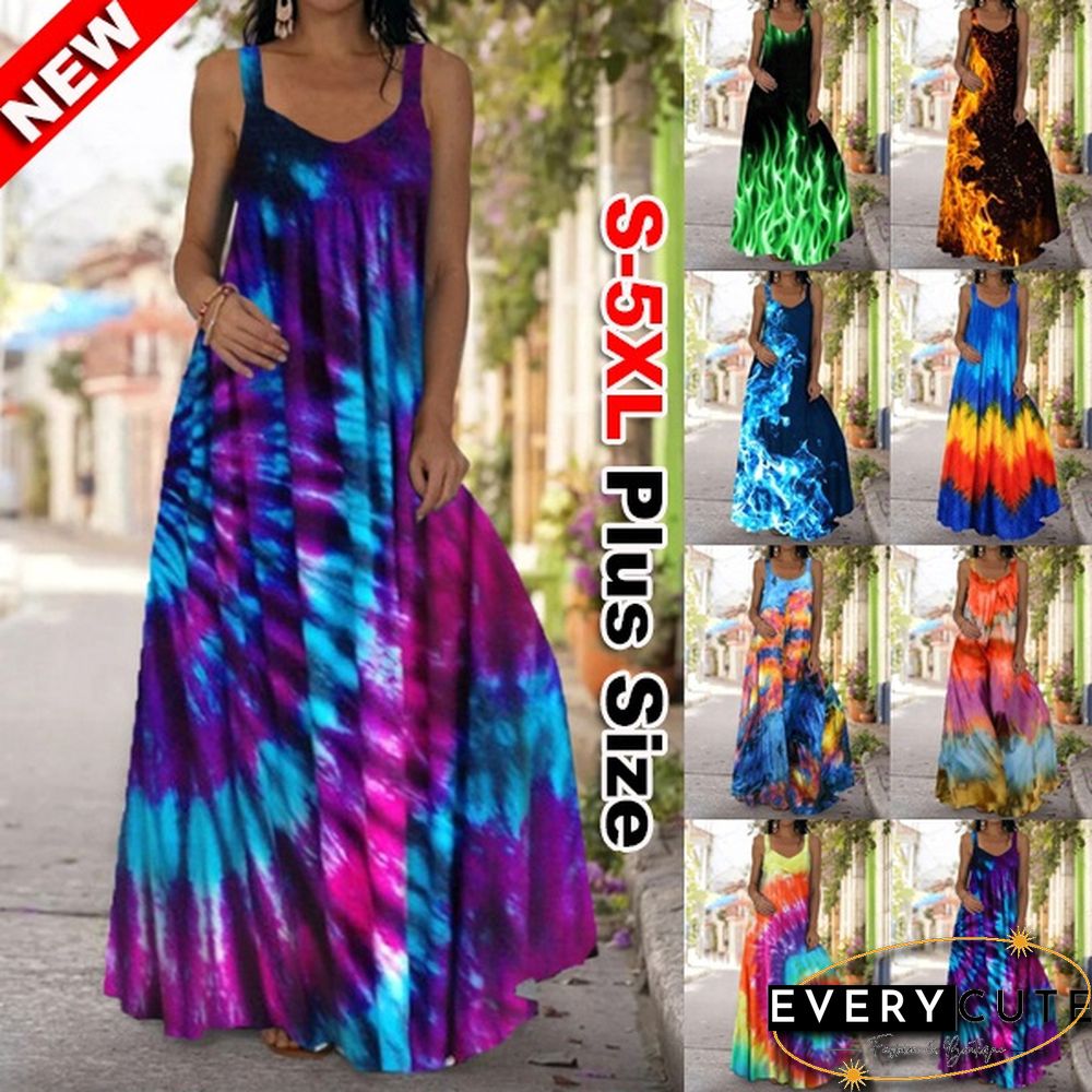 Summer Tie-Dye 3D Printed Dress Bohemian Off The Shoulder Mopping Dress Plus Size S-5Xl