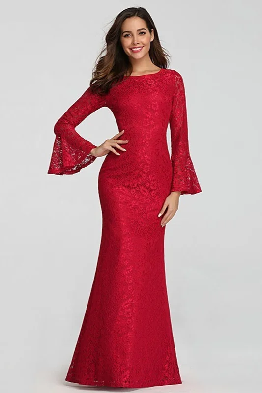 Long Sleeves Mermaid Red Lace Long Prom Dress · wendyhouse
