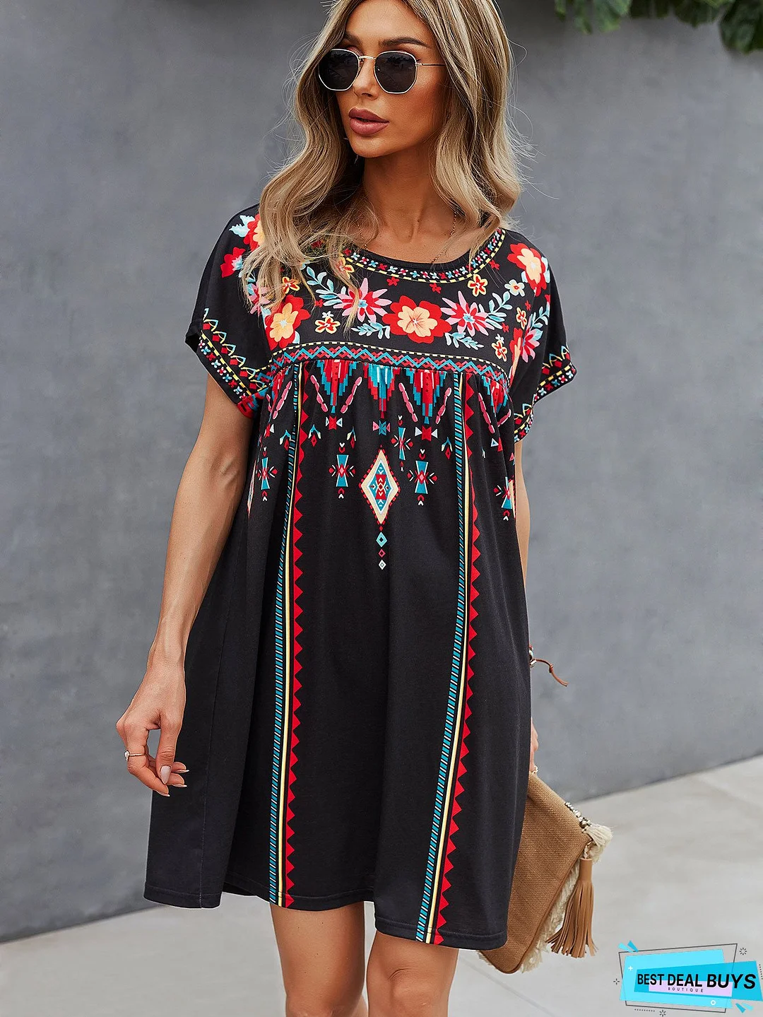 Floral A-Line Short Sleeve Crew Neck Weaving Dress