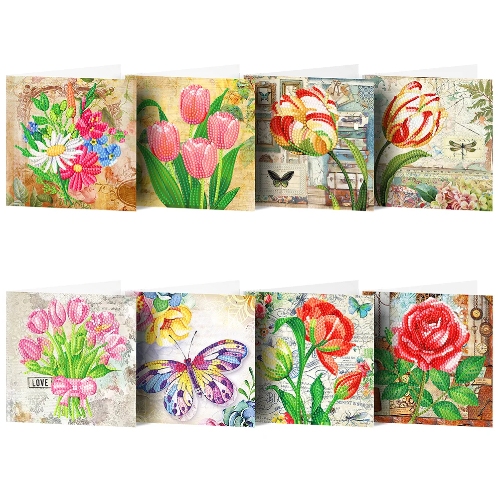 8pcs Flower Diamond Painting Greeting Card Includes Envelope DIY Postcards【With White Envelope】
