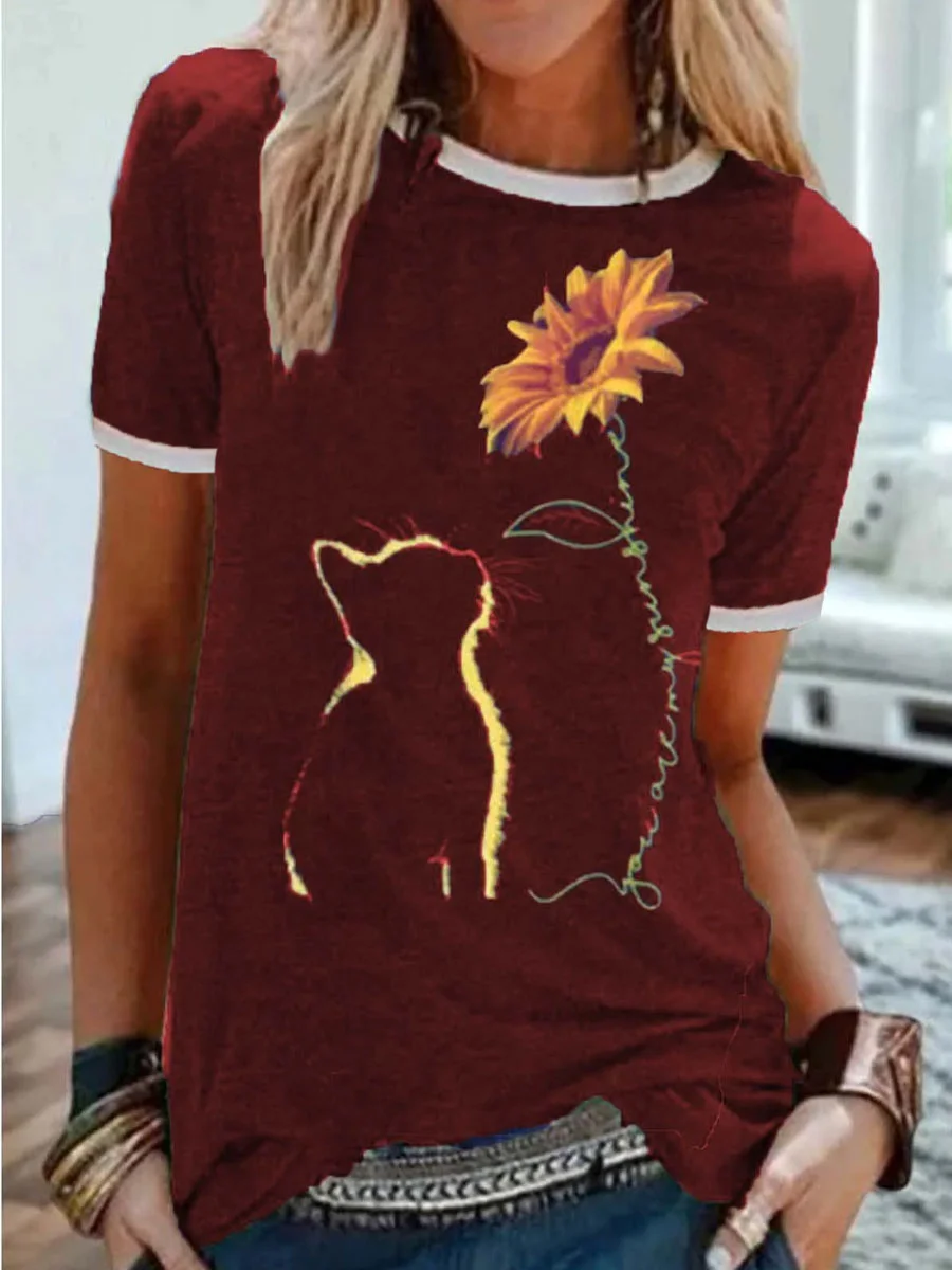 Sunflower Cat Print Short Sleeve T-shirt
