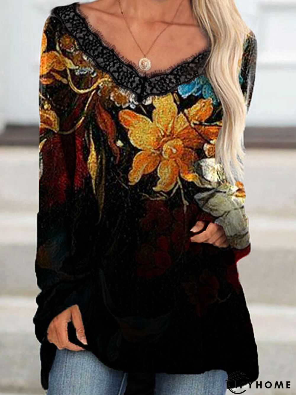 V Neck Long Sleeve Cotton-Blend Tunic Top | IFYHOME