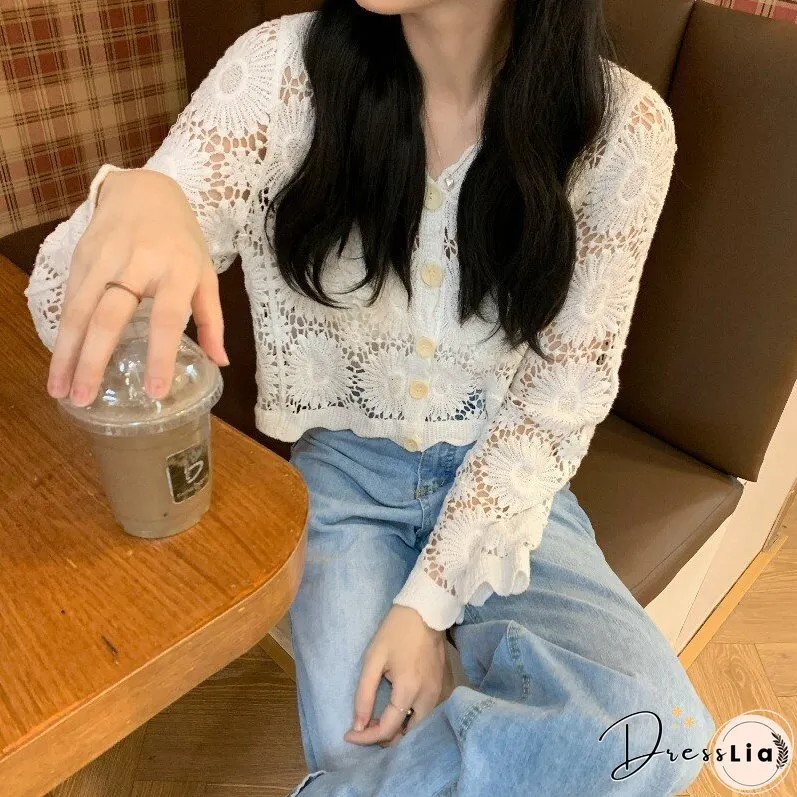 Christmas Gift Women Blouses Solid Shirts Hollow Out V-neck Spring Autumn Long Sleeve Tops