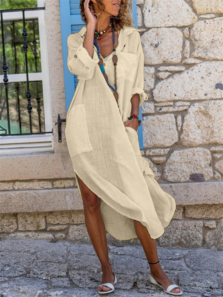New Women's Hot Models Solid Color Buttons Split Loose Breathable Casual Shirt Cotton Linen Long Shirt Dresses