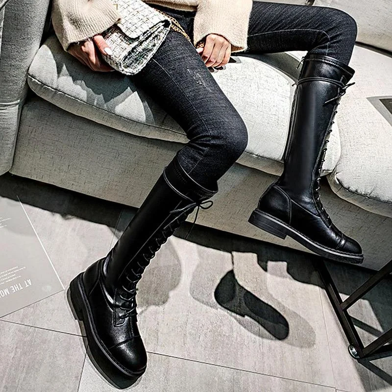 2021 Autumn Sexy Fashion High Heels Knee-length Rubber Thick-soled Non-slip Lace-up High Boots Women's Rear Zipper Chelsea Boots