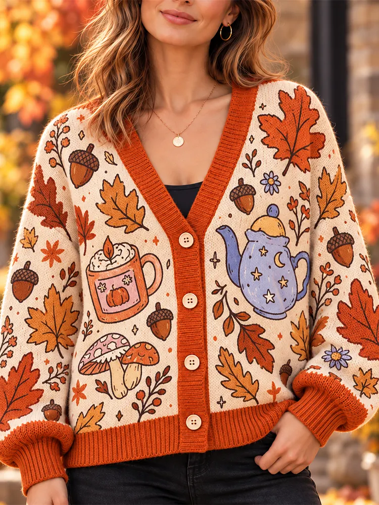 Comstylish Women's Autumn Leaf And Teapot Cardigan