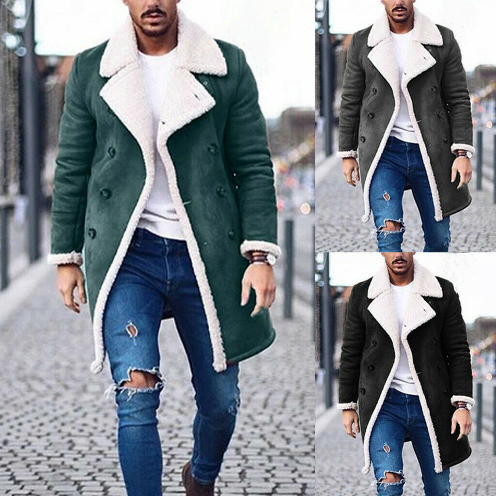 Image 3 - Mens Fleece Fur Lined Lapel Collar Parka Coat Winter Warm Jacket Fashion Outwear