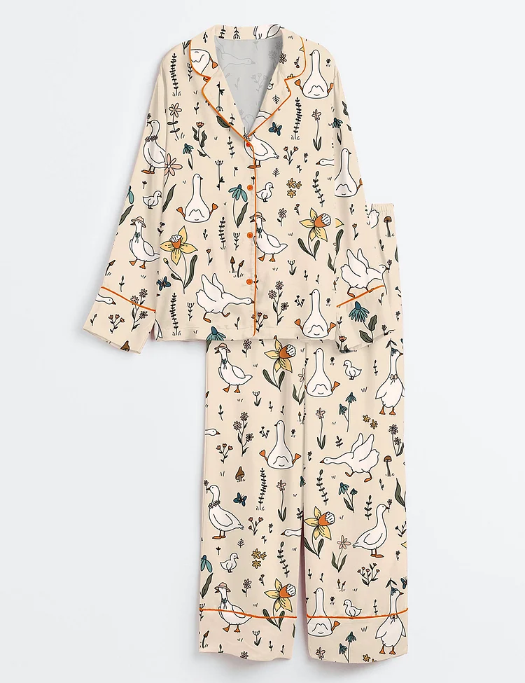 Women&rsquo;s Silly Goose Hand Drawn Art Geese Farm Cute Animal Print Long Sleeve Satin Pajama Set