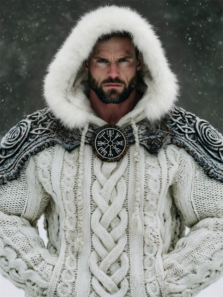 Men's Viking Vegvisir Celtic Knot Cozy Fur Trim Hooded Cardigan