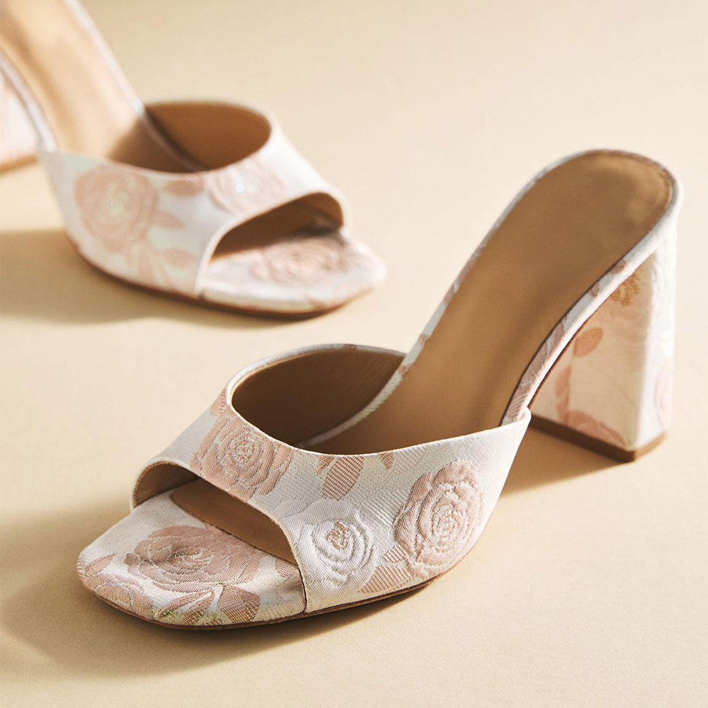 Square Toe Chunky High Heel Slip On White Women Sandals with Floral Nicepairs