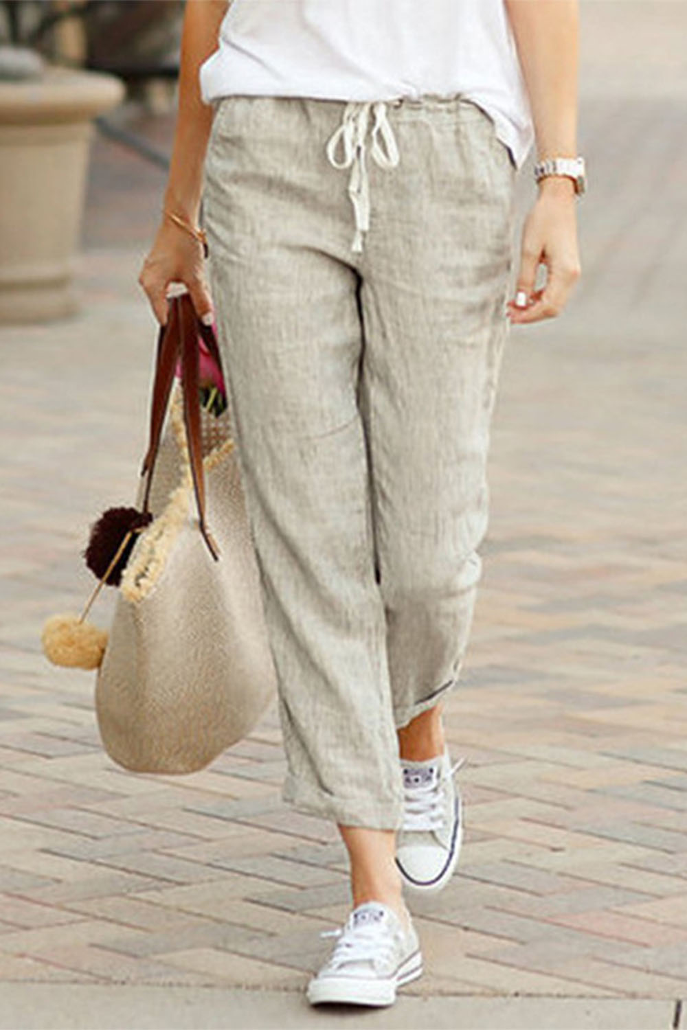 Plus Size Casual Blue Cotton And Linen Drawstring Cropped Pants 2024 - Flycurvy 
