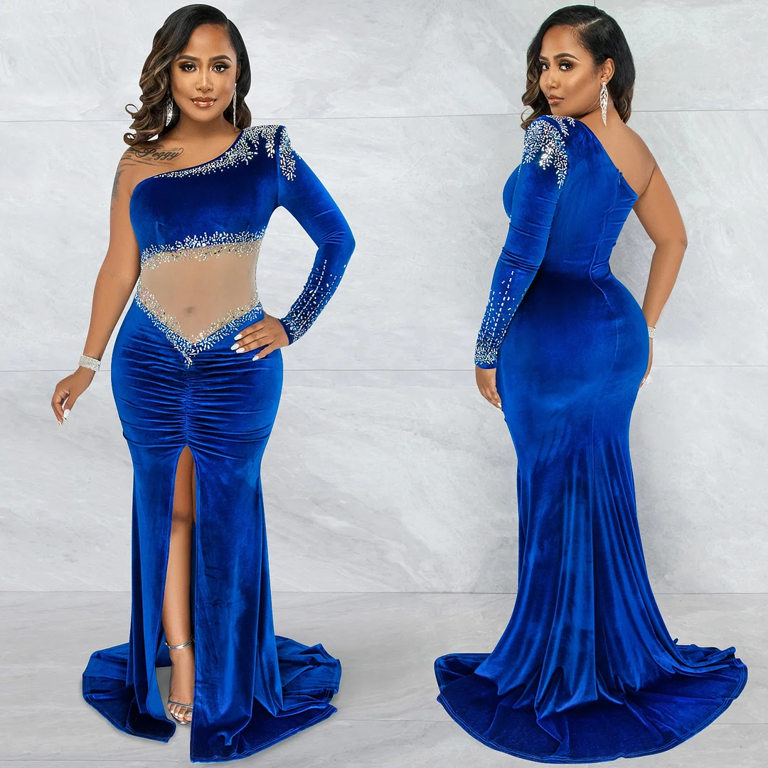 Churchf Churchf Royal Velvet Hot Diamond Mesh See-Through Pleated Collar One-Shoulder Slit Dress