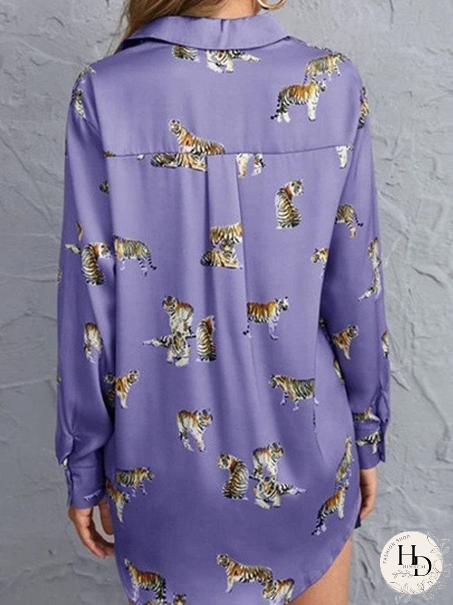 Tempting Printed Lapel Single-Breasted Long-Sleeved Blouse