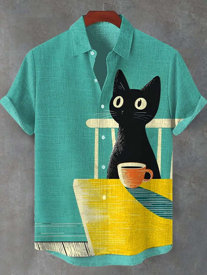 Men's Black Cat And Coffee Illustration Print Short Sleeve Shirt