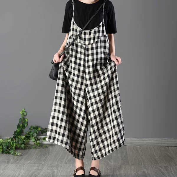 Women Loose Bib Pants Ladies Checked Suspenders Baggy Overalls Sleeveless Jumpsuit