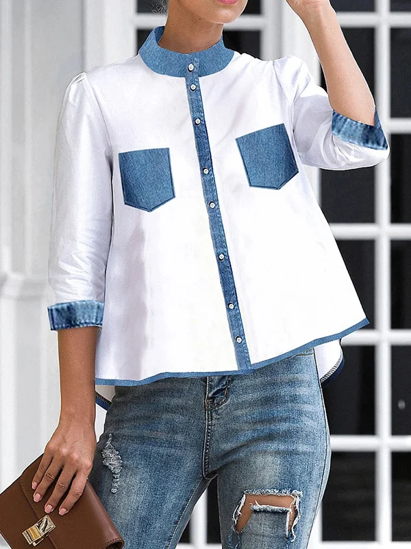 A-line High-low Buttoned Pockets Mock Neck Blouses&shirts Tops