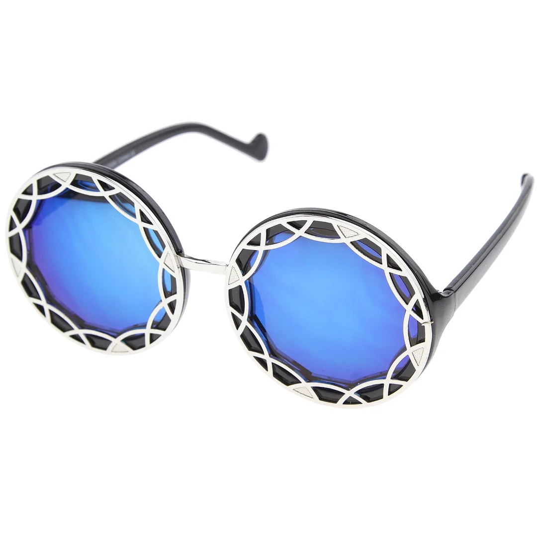 Women's Oversize Ornate Flat Pattern Color Mirror Lens Round glasses 55mm
