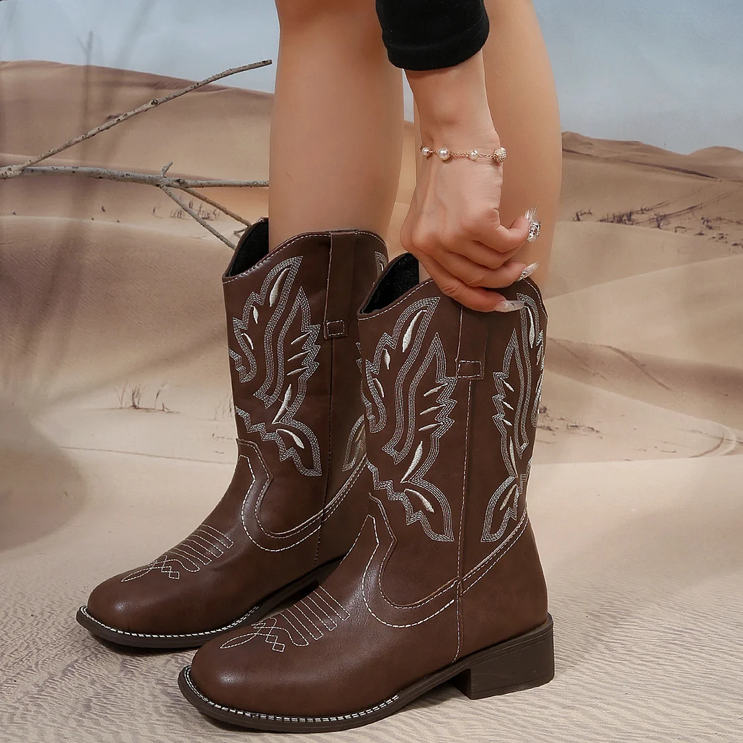 Qengg Embroidered Western Cowboy Boots Female Qiu Dong 2023 New Maillard V Thick Heel Ankle Boots Tide